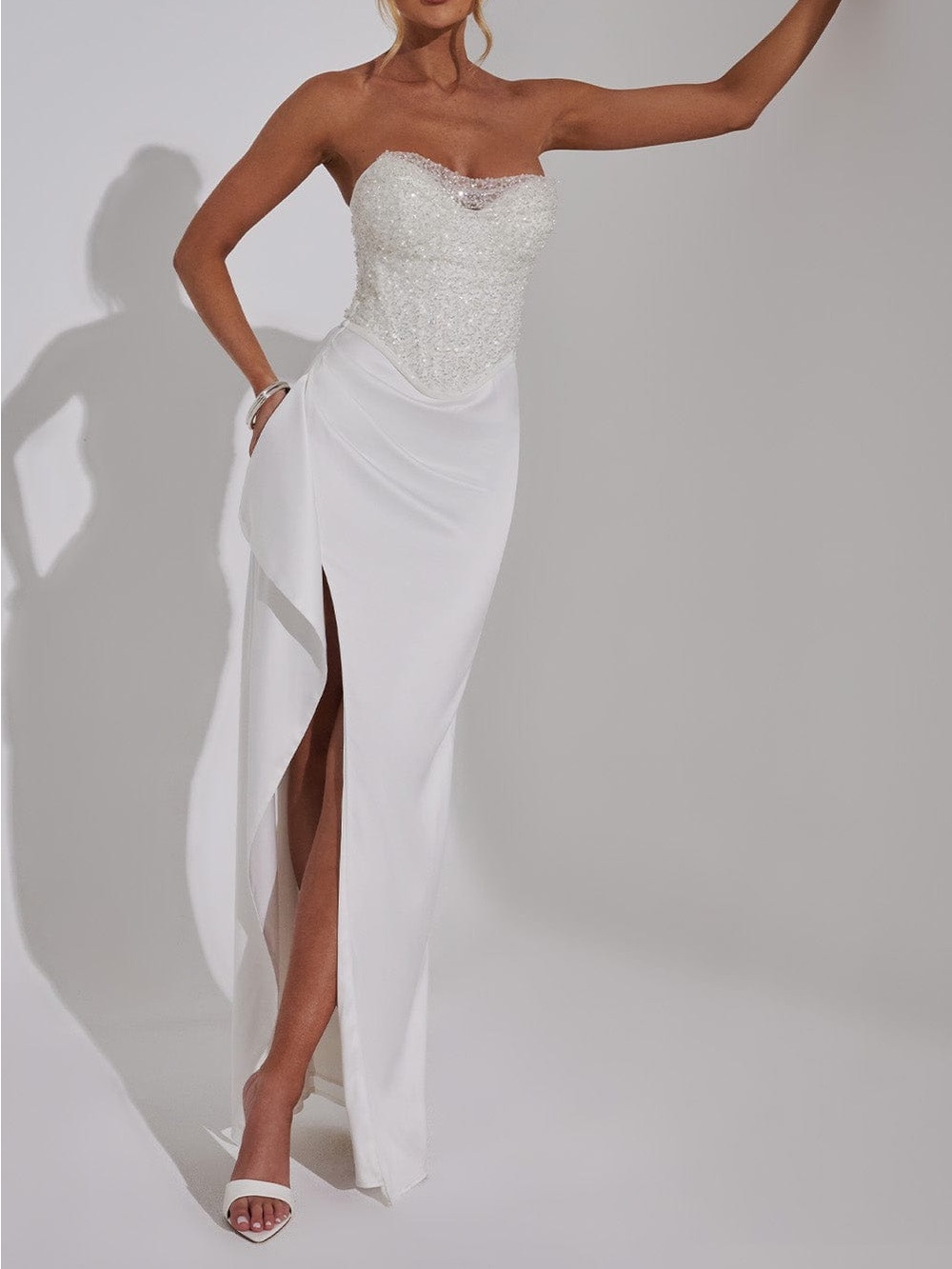 Strapless Sequin Bust Satin High-Slit Wedding Dress - White